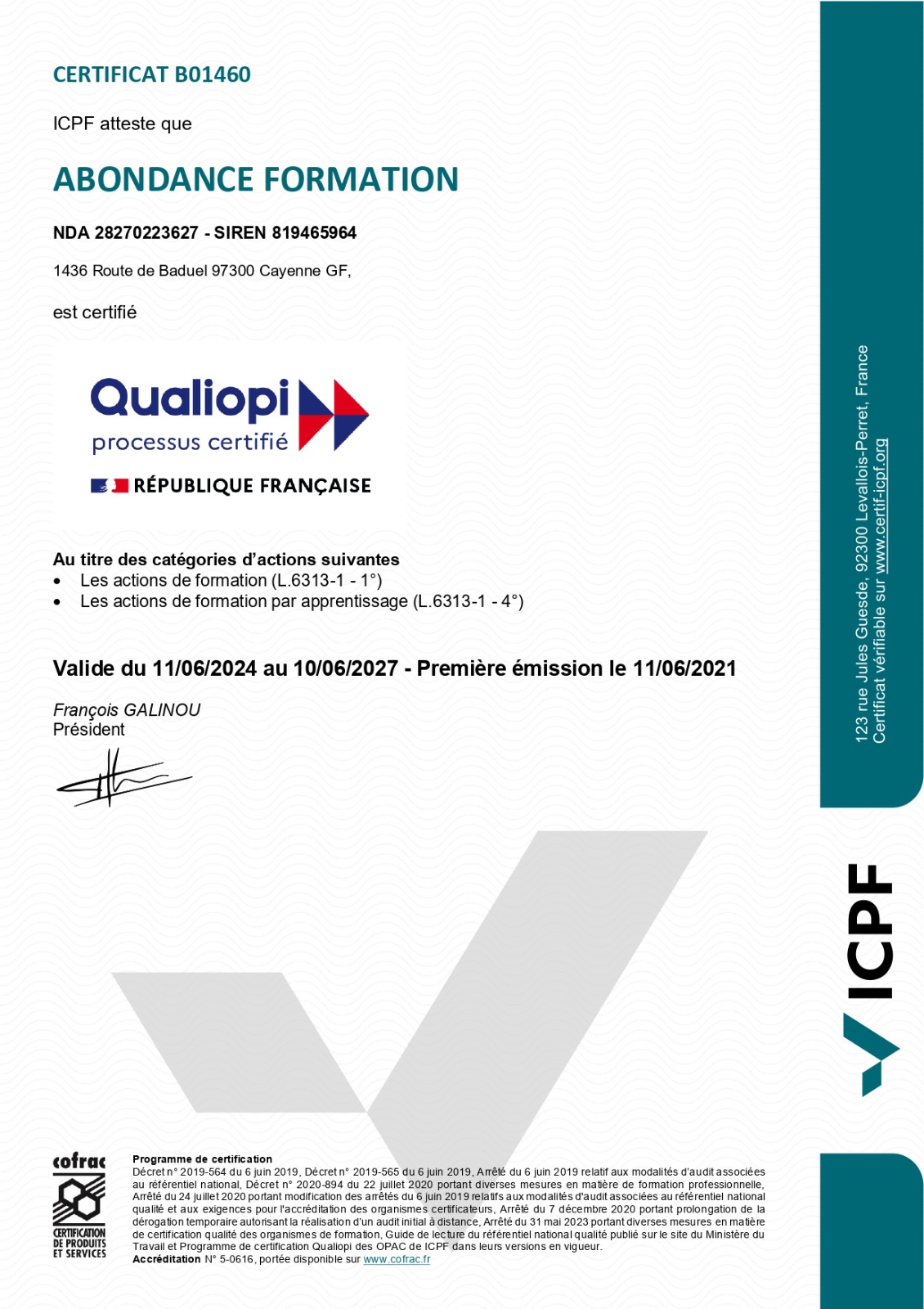 Certificat QUALIOPI - Abondance Formation